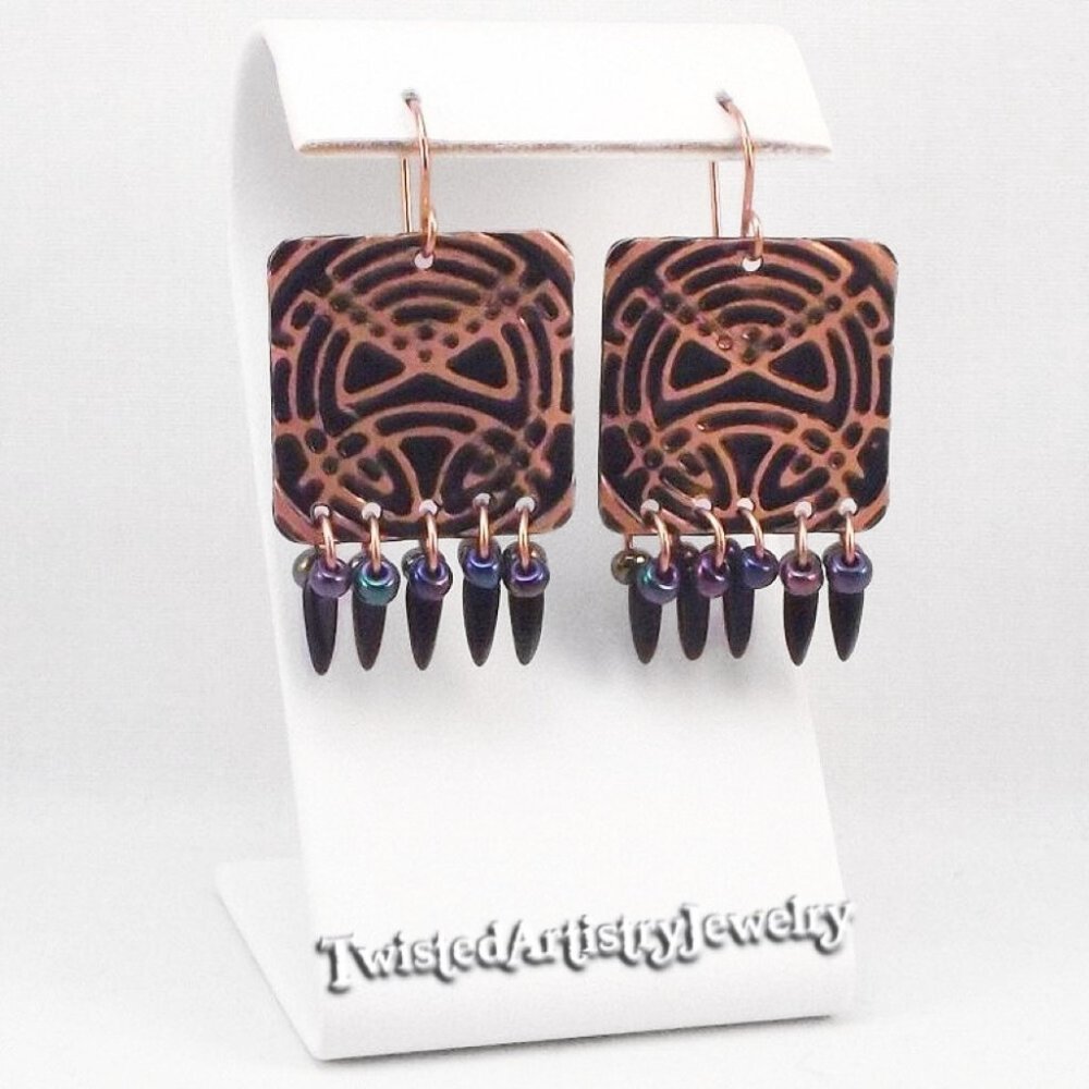 Black and Copper Celtic Square Chandelier Earrings - Picture 2 of 6